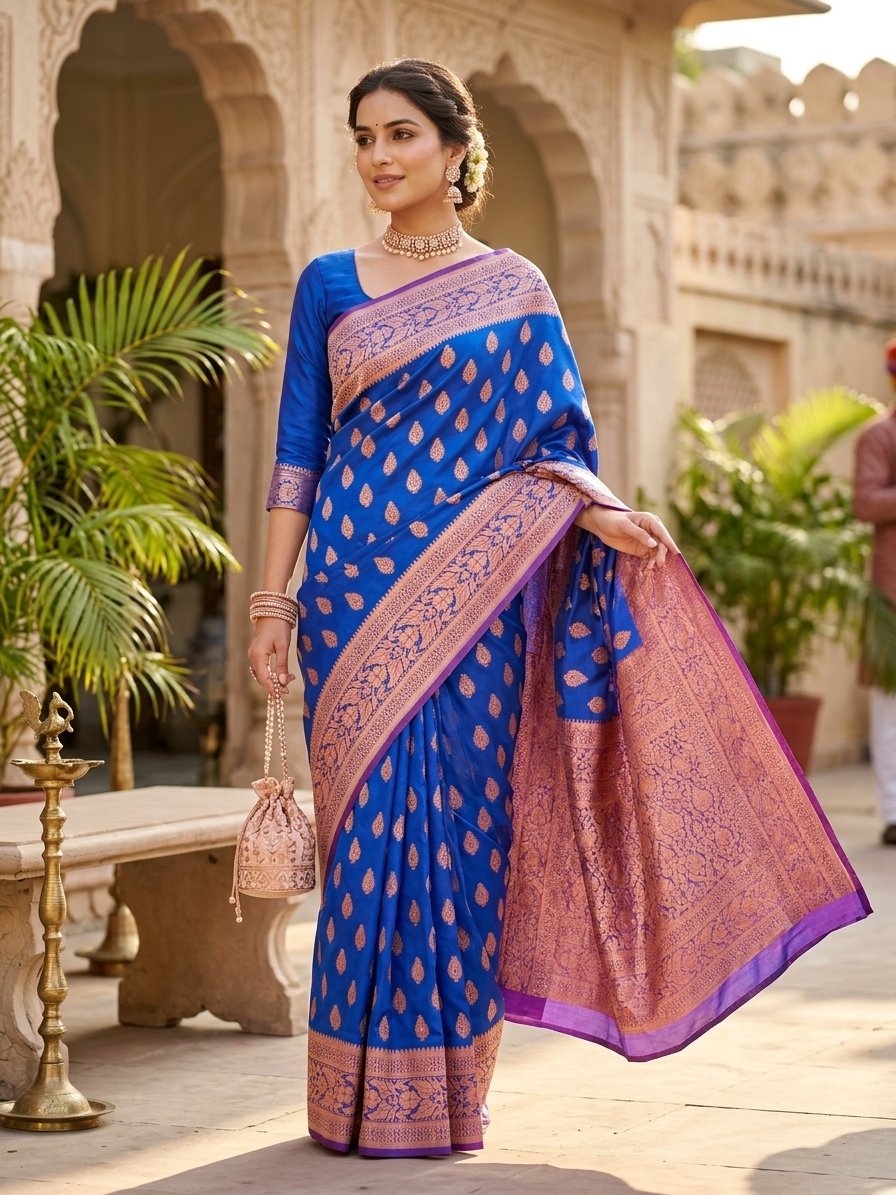 Royal Blue Katan Silk Saree with Rose Gold Zari Mango Booti & Matching Blouse Piece
