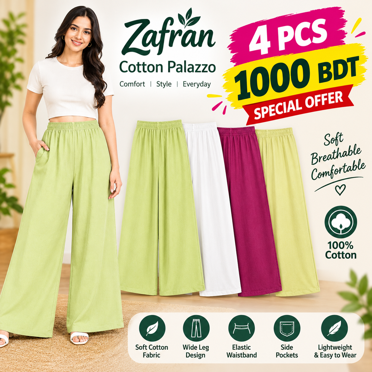 Zafran Cotton Palazzo – Comfortable Wide-Leg Pants for Women