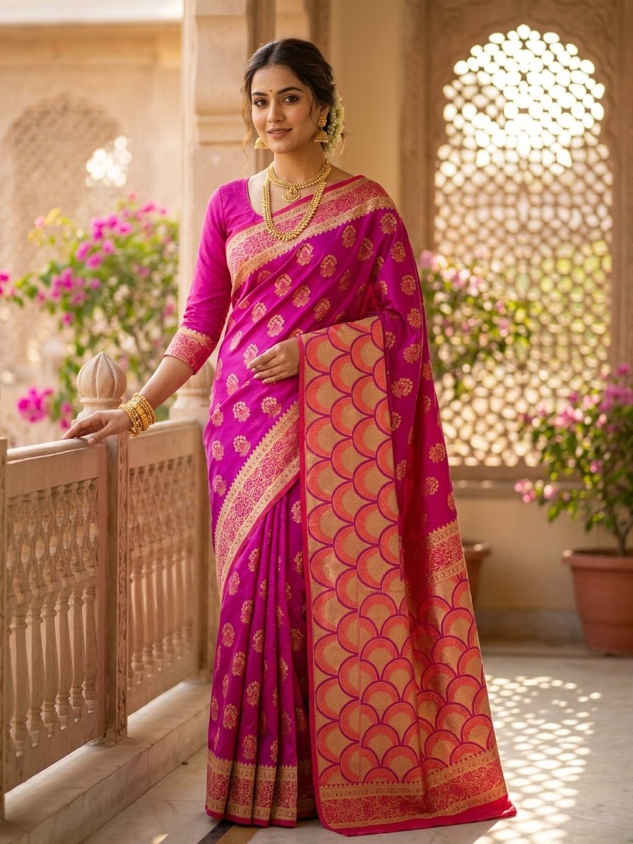 Royal Magenta Pink Katan Silk Saree with Golden Zari Scallop Pallu